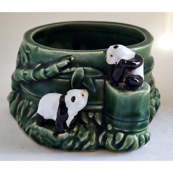 VINTAGE PLANTER-Pottery-Green Bamboo-Panda Bears-Plant Holder-Mid-Century Modern - Picture 11 of 14